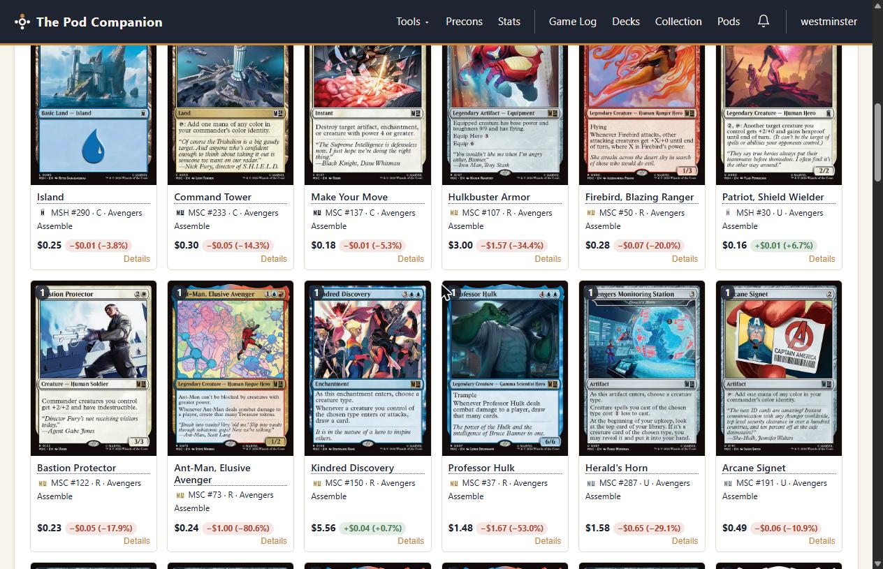 The collection page, showing owned cards with their current market value and the move against what was paid.