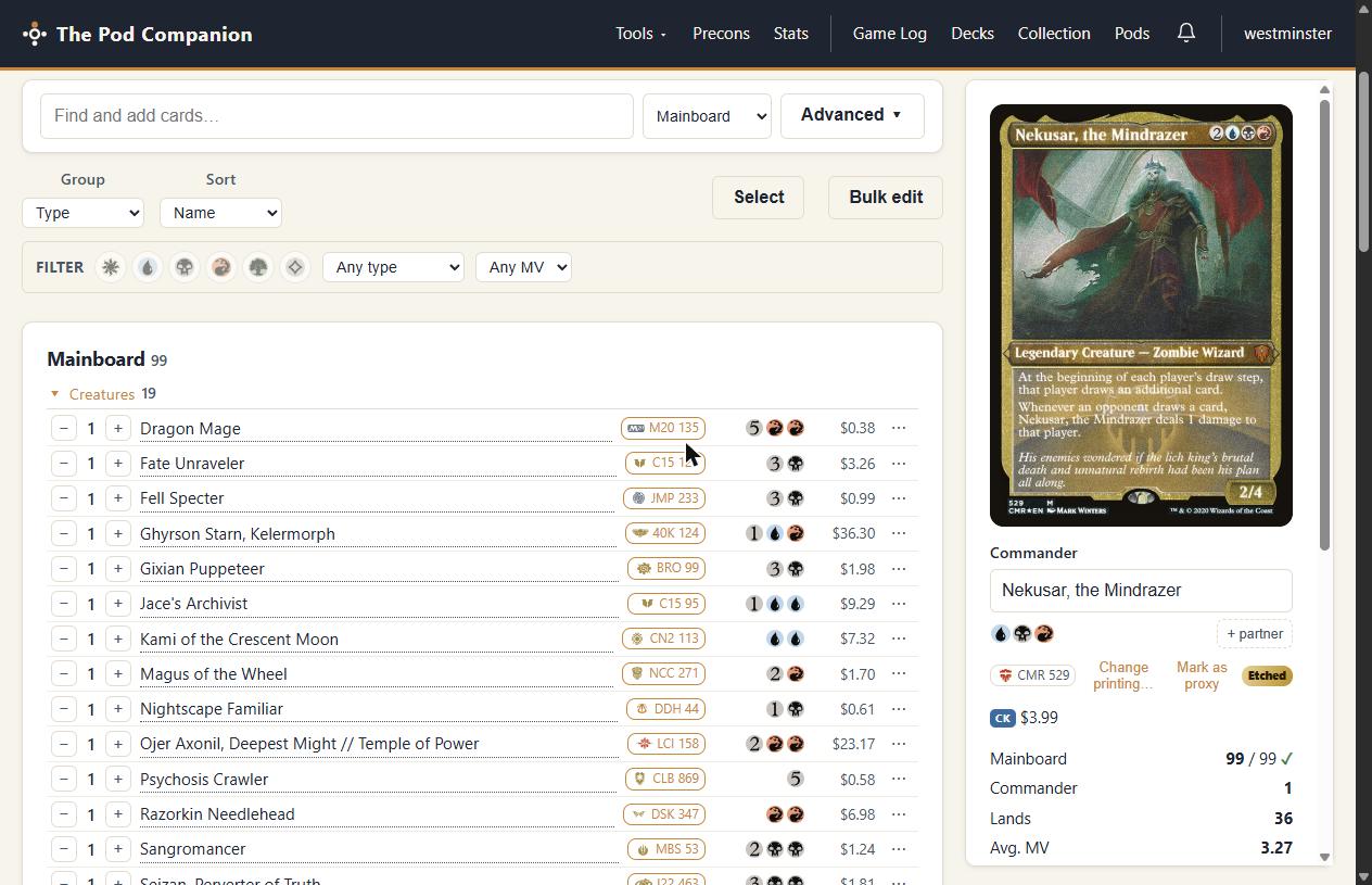 The deck editor, showing a Commander decklist grouped into named card-type sections with grouping and sorting controls above it.